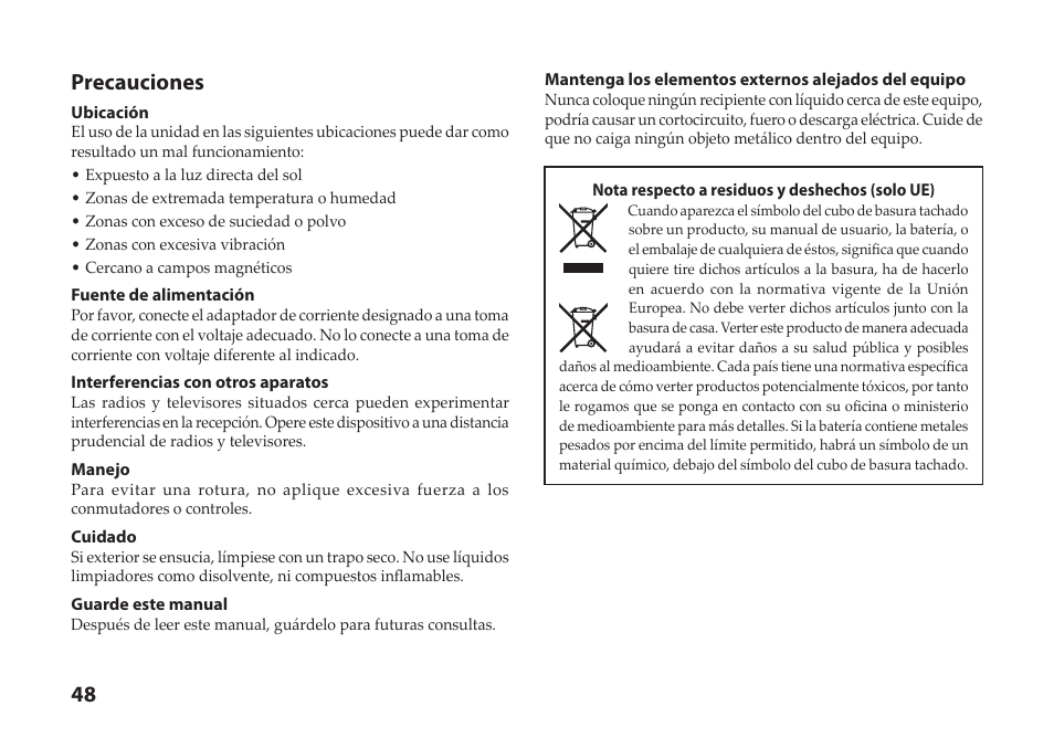 Español, 48 precauciones | Vox StompLab IIB Modeling Bass Effect Processor Pedal User Manual | Page 48 / 84