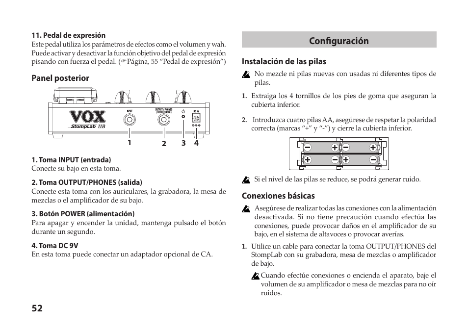 Configuración | Vox StompLab IIB Modeling Bass Effect Processor Pedal User Manual | Page 52 / 84