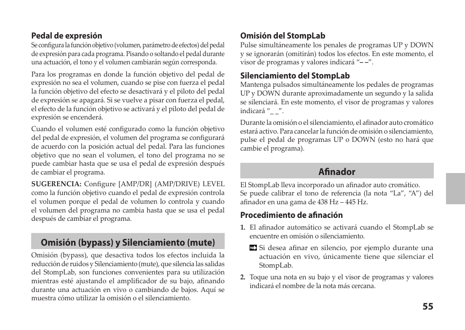 Omisión (bypass) y silenciamiento (mute), Afinador | Vox StompLab IIB Modeling Bass Effect Processor Pedal User Manual | Page 55 / 84