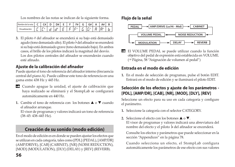 Creación de su sonido (modo edición), Ajuste de la calibración del afinador, Flujo de la señal | Entrada en el modo de edición | Vox StompLab IIB Modeling Bass Effect Processor Pedal User Manual | Page 56 / 84