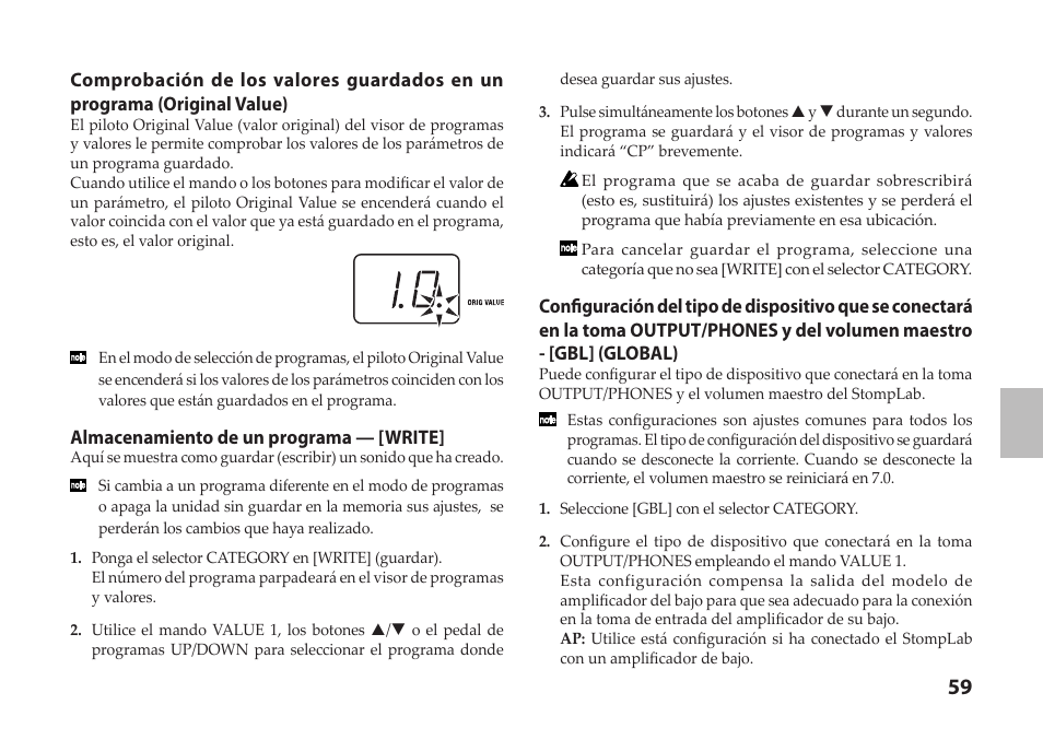 Almacenamiento de un programa — [write | Vox StompLab IIB Modeling Bass Effect Processor Pedal User Manual | Page 59 / 84