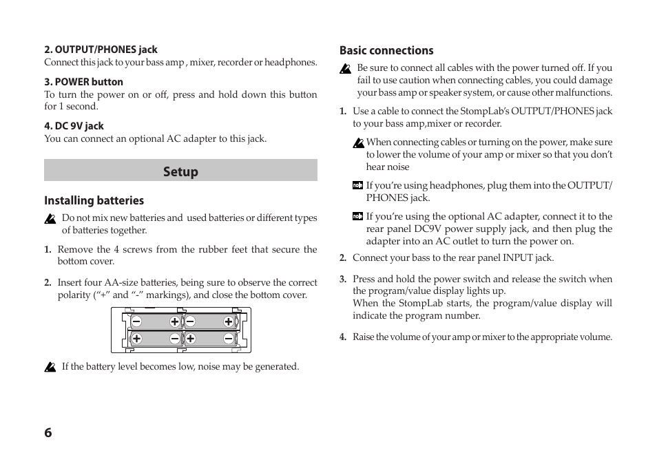 Setup | Vox StompLab IIB Modeling Bass Effect Processor Pedal User Manual | Page 6 / 84