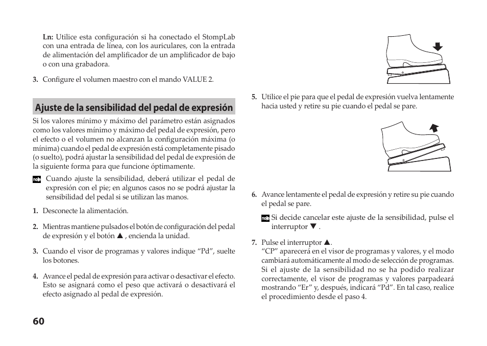 Ajuste de la sensibilidad del pedal de expresión | Vox StompLab IIB Modeling Bass Effect Processor Pedal User Manual | Page 60 / 84