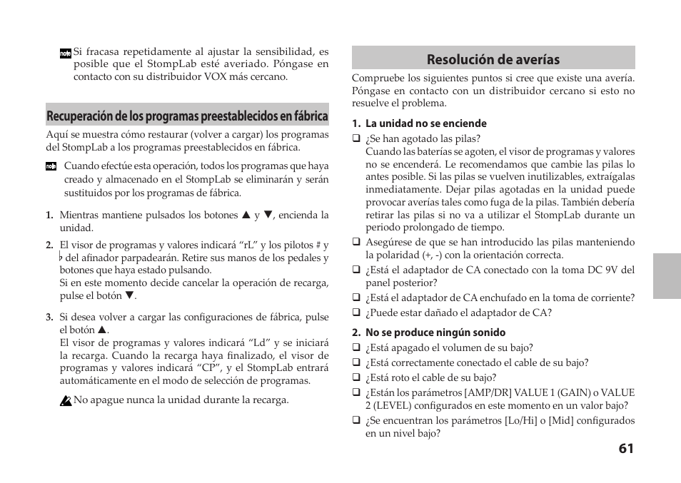 Resolución de averías | Vox StompLab IIB Modeling Bass Effect Processor Pedal User Manual | Page 61 / 84