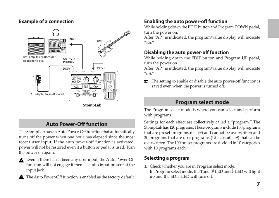 Auto power-off function, Program select mode, Example of a connection | Enabling the auto power-off function, Disabling the auto power-off function, Selecting a program | Vox StompLab IIB Modeling Bass Effect Processor Pedal User Manual | Page 7 / 84