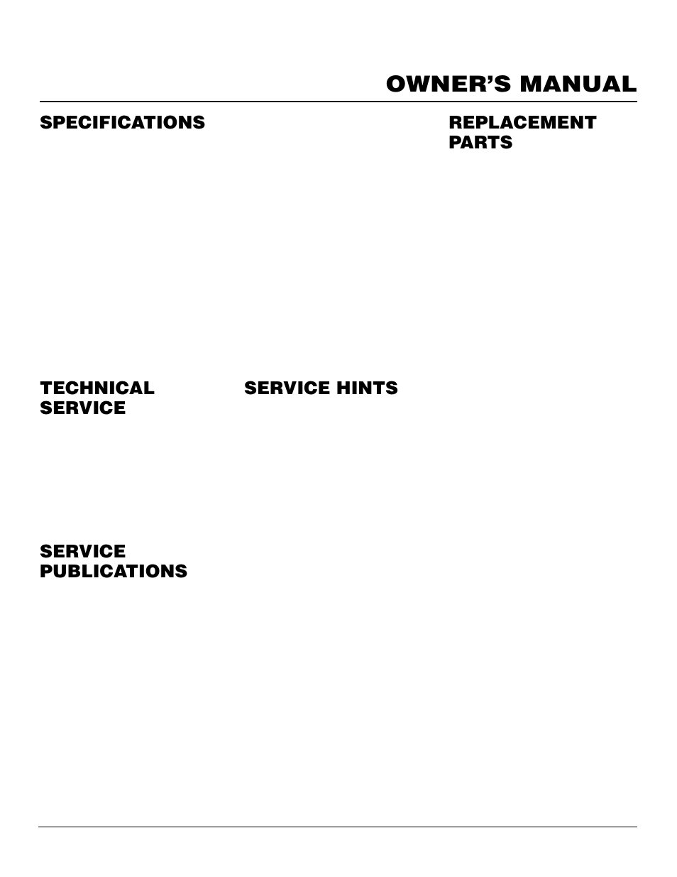 Owner’s manual, Technical service, Service publications | Specifications service hints, Replacement parts | Desa CGN30TLB User Manual | Page 17 / 22