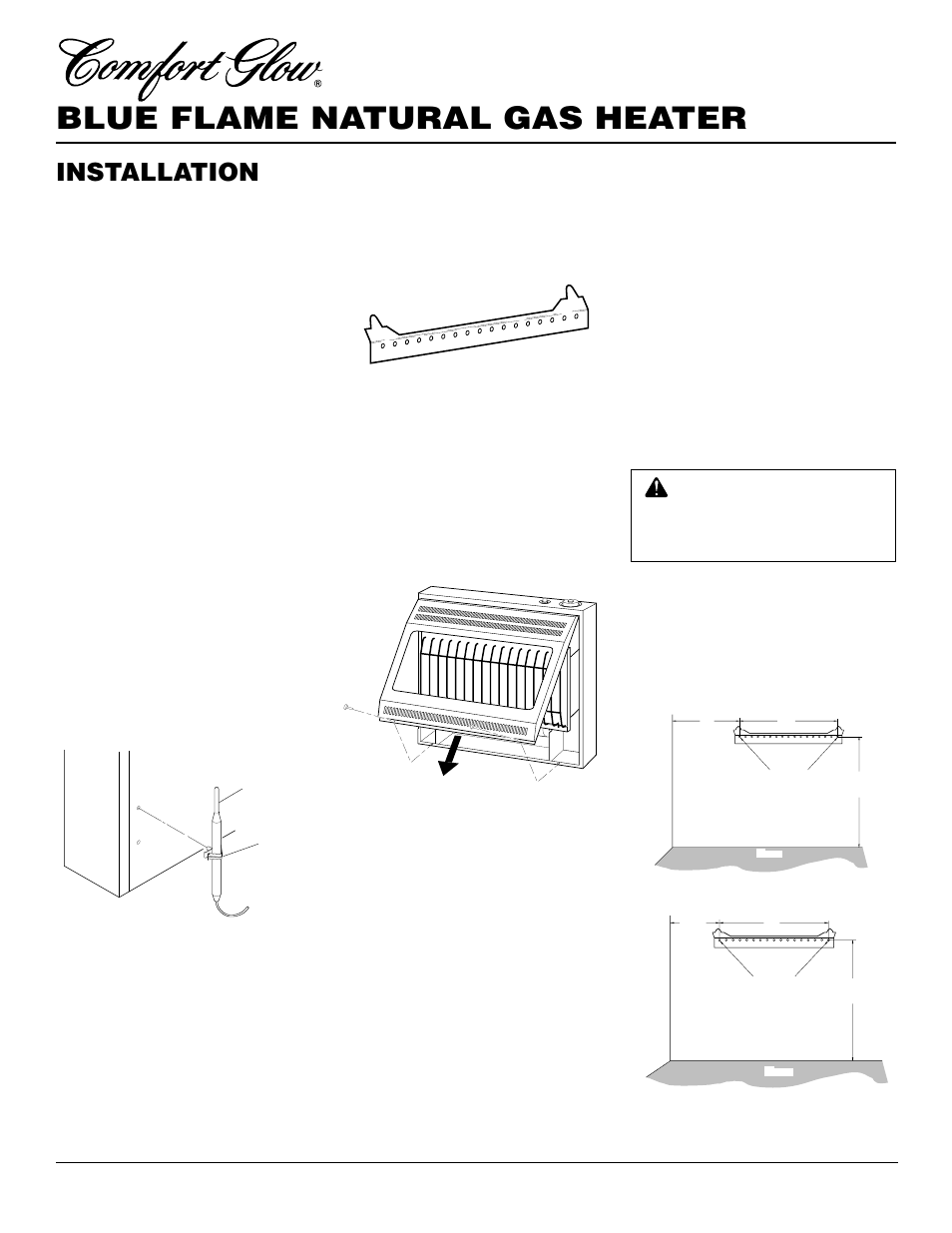 Blue flame natural gas heater, Installation, Continued | Thermostat sensing bulb, Installing heater to wall | Desa CGN30TLB User Manual | Page 8 / 22