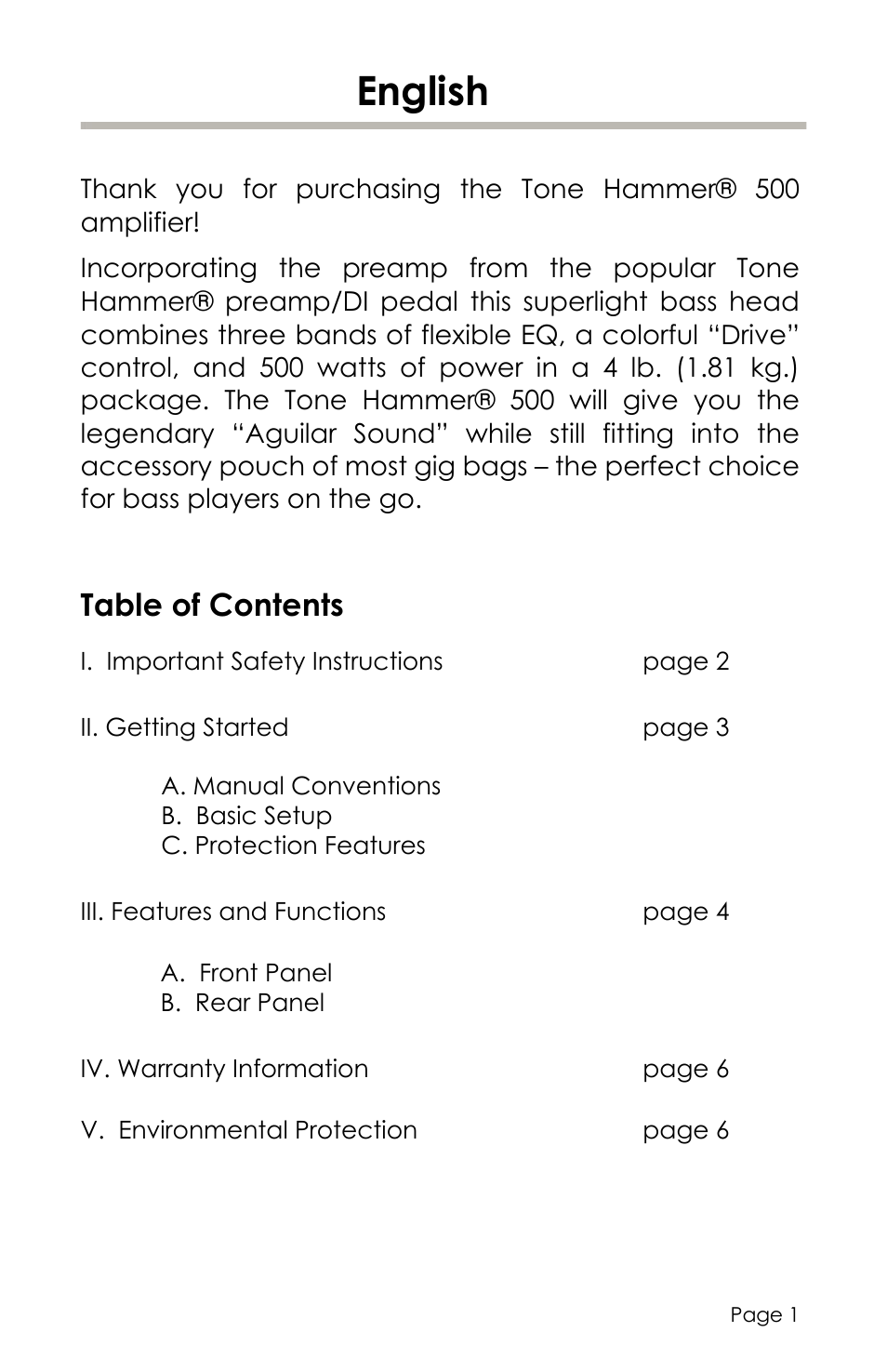 aguilar Tone Hammer 500-Watt Solid-State Bass Amplifier User Manual | 24 pages