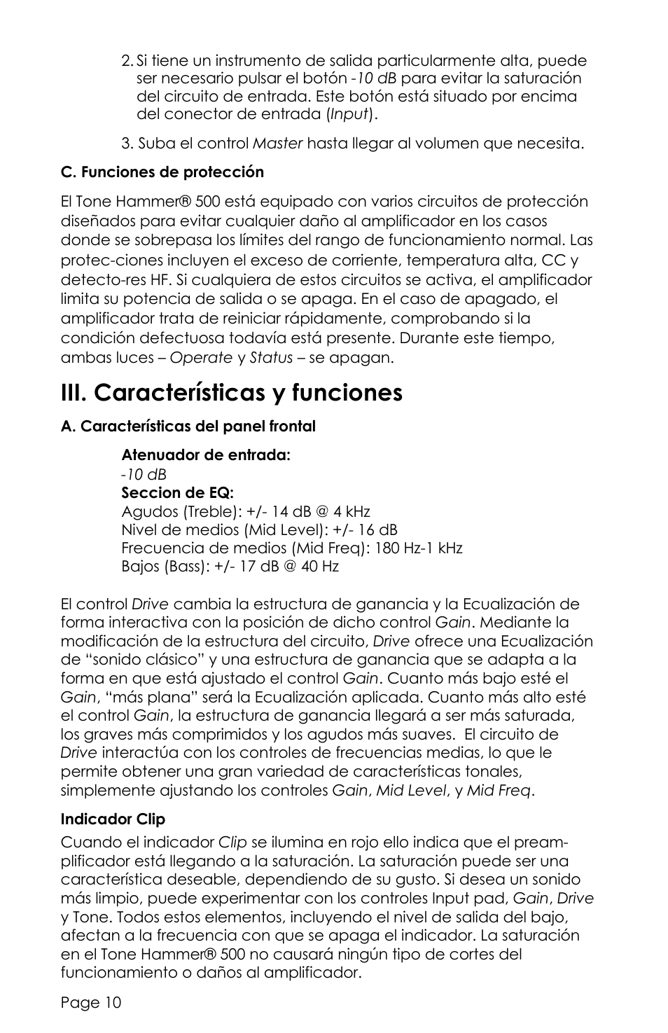 Iii. características y funciones | aguilar Tone Hammer 500-Watt Solid-State Bass Amplifier User Manual | Page 10 / 24