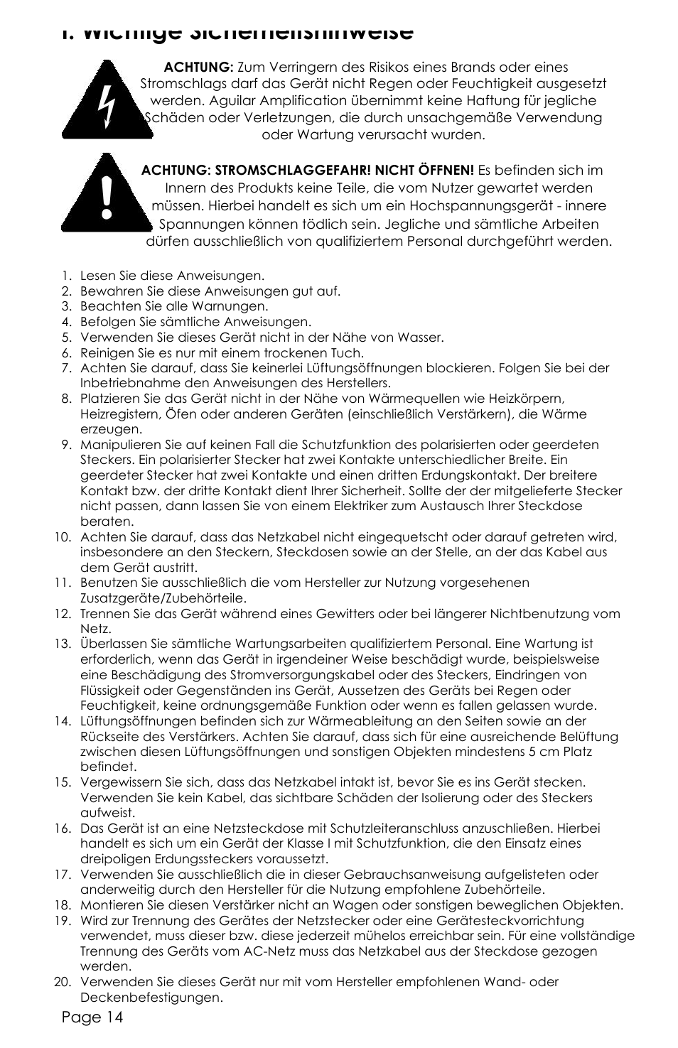 I. wichtige sicherheitshinweise | aguilar Tone Hammer 500-Watt Solid-State Bass Amplifier User Manual | Page 14 / 24