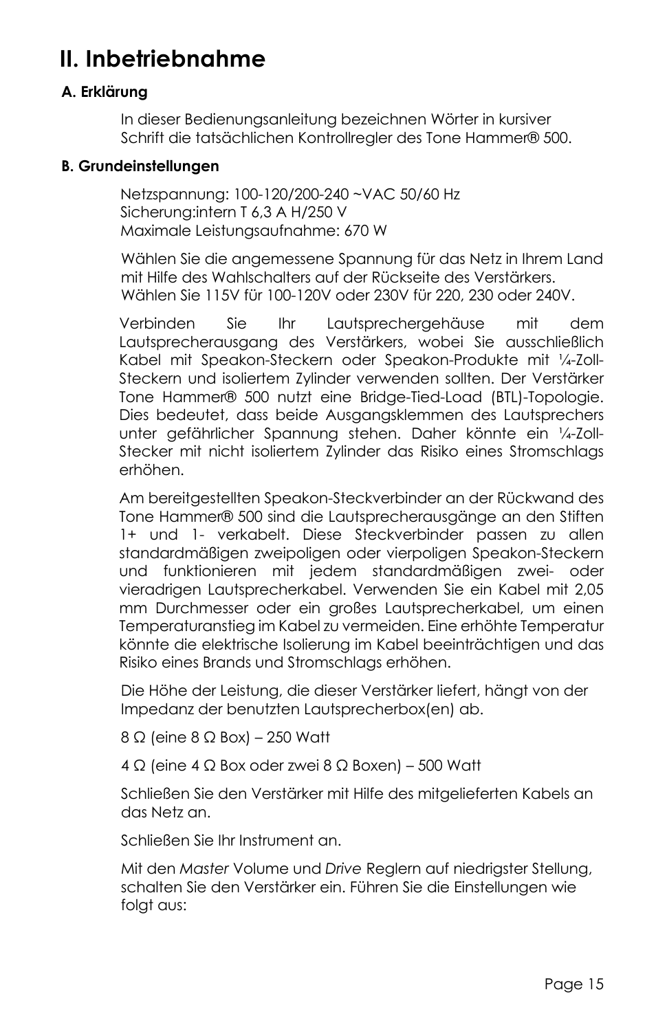 Ii. inbetriebnahme | aguilar Tone Hammer 500-Watt Solid-State Bass Amplifier User Manual | Page 15 / 24