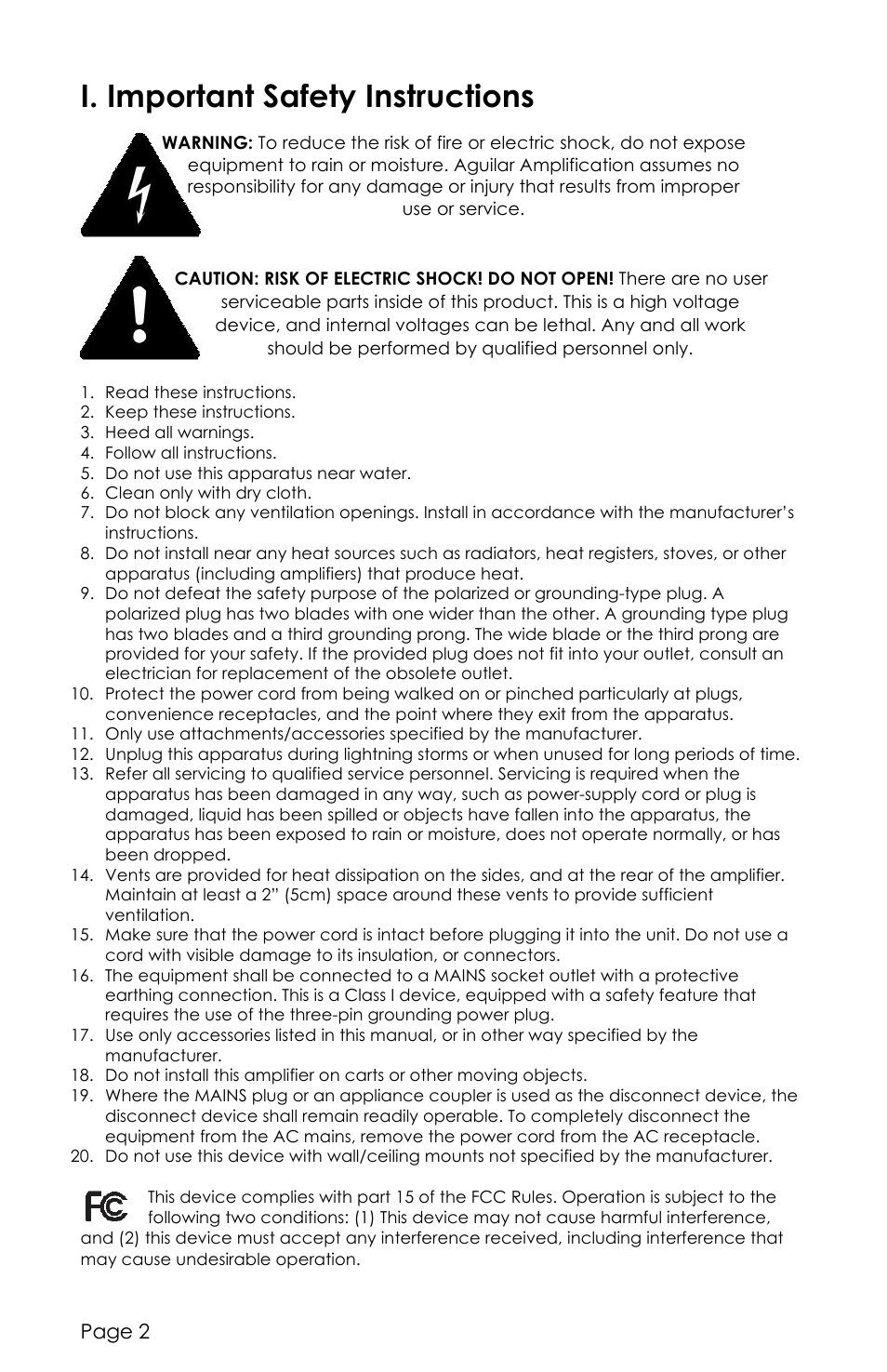 I. important safety instructions | aguilar Tone Hammer 500-Watt Solid-State Bass Amplifier User Manual | Page 2 / 24