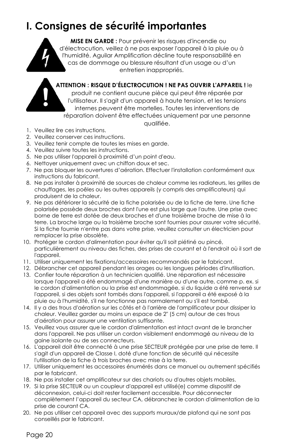 I. consignes de sécurité importantes | aguilar Tone Hammer 500-Watt Solid-State Bass Amplifier User Manual | Page 20 / 24