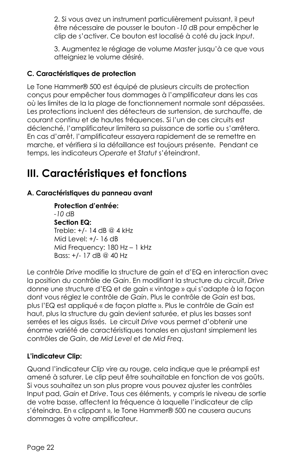 Iii. caractéristiques et fonctions | aguilar Tone Hammer 500-Watt Solid-State Bass Amplifier User Manual | Page 22 / 24