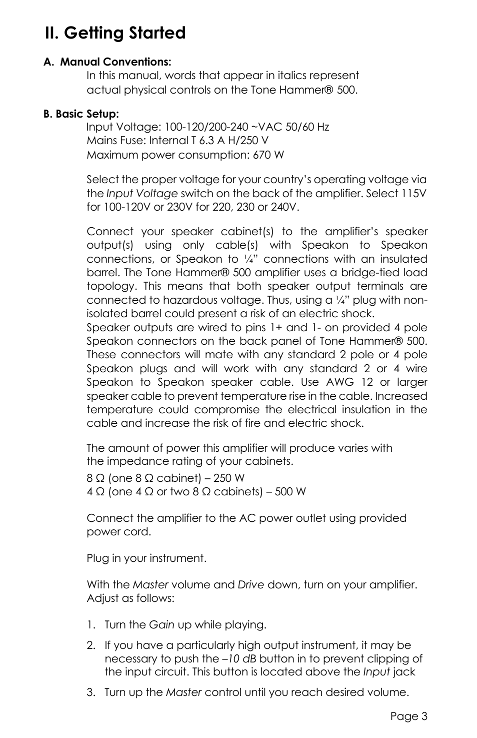 Ii. getting started | aguilar Tone Hammer 500-Watt Solid-State Bass Amplifier User Manual | Page 3 / 24