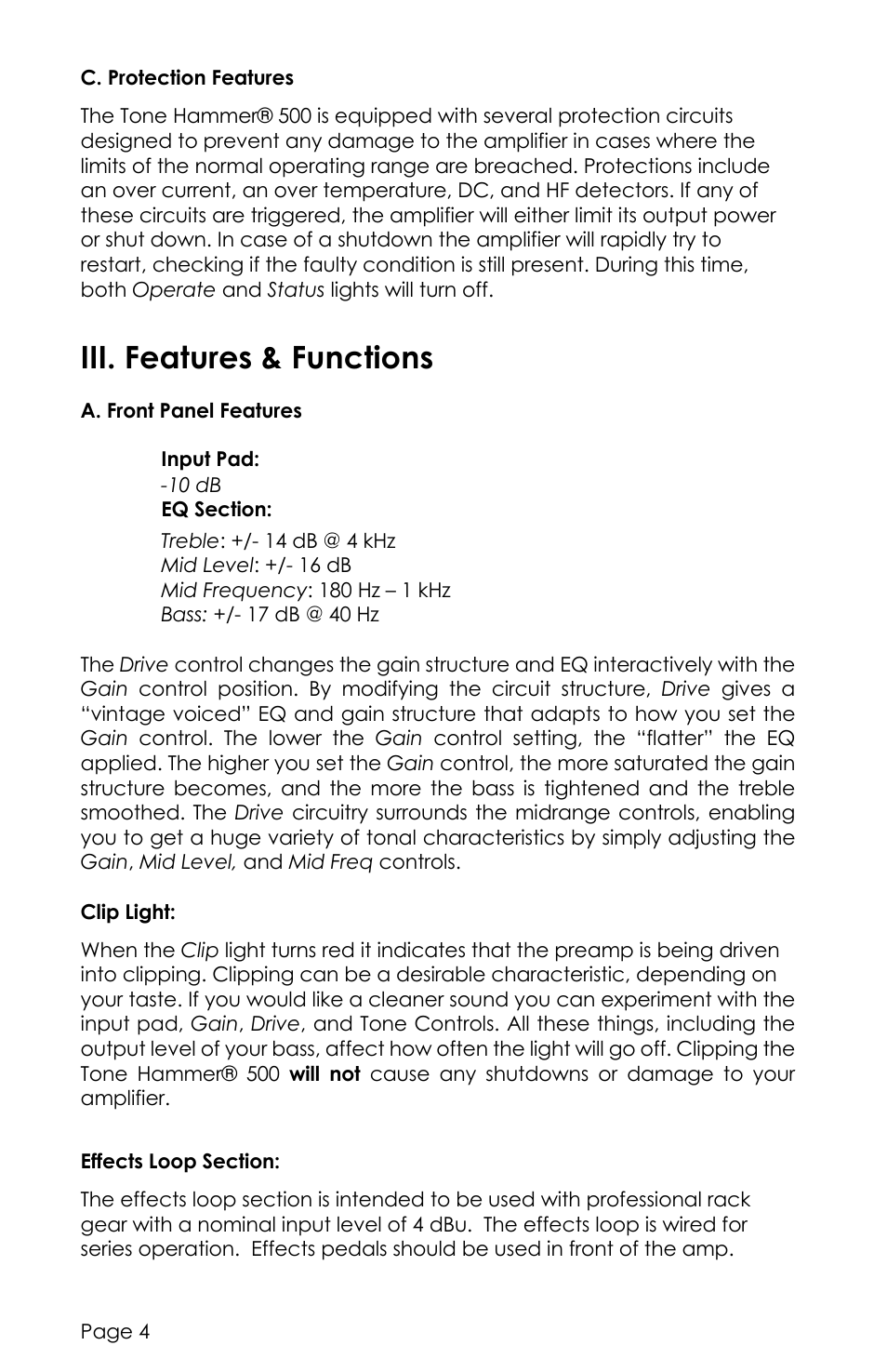 Iii. features & functions | aguilar Tone Hammer 500-Watt Solid-State Bass Amplifier User Manual | Page 4 / 24