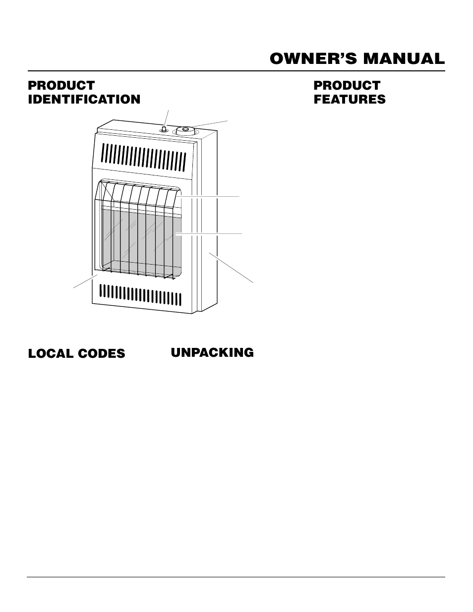 Owner’s manual, Product identification local codes, Unpacking product features | Desa CGN10TLA User Manual | Page 3 / 20