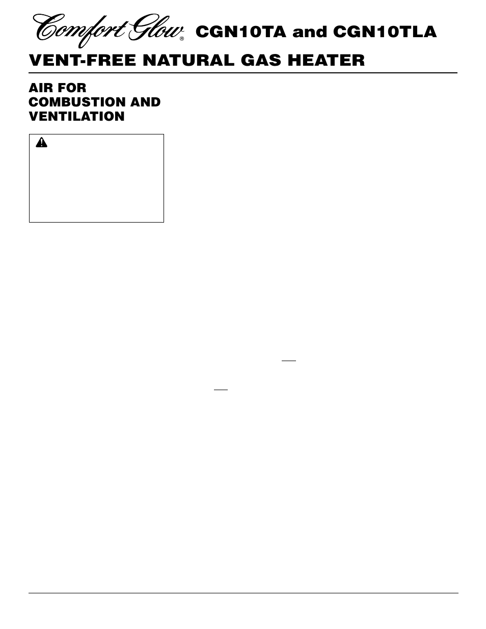 Vent-free natural gas heater cgn10ta and cgn10tla, Air for combustion and ventilation | Desa CGN10TLA User Manual | Page 4 / 20