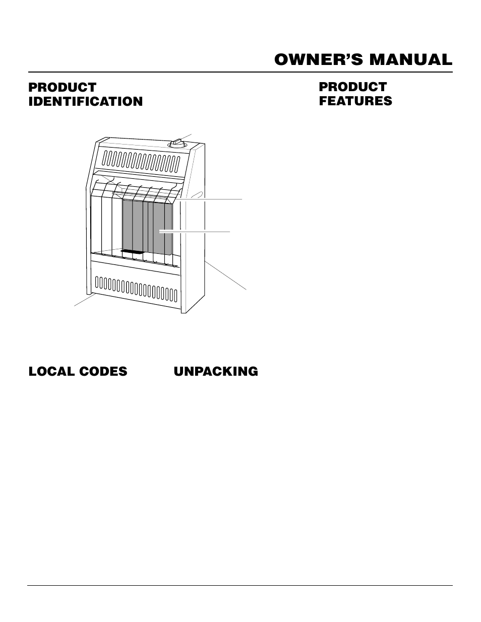 Owner’s manual, Product identification local codes, Unpacking | Product features | Desa CGR2P User Manual | Page 3 / 20