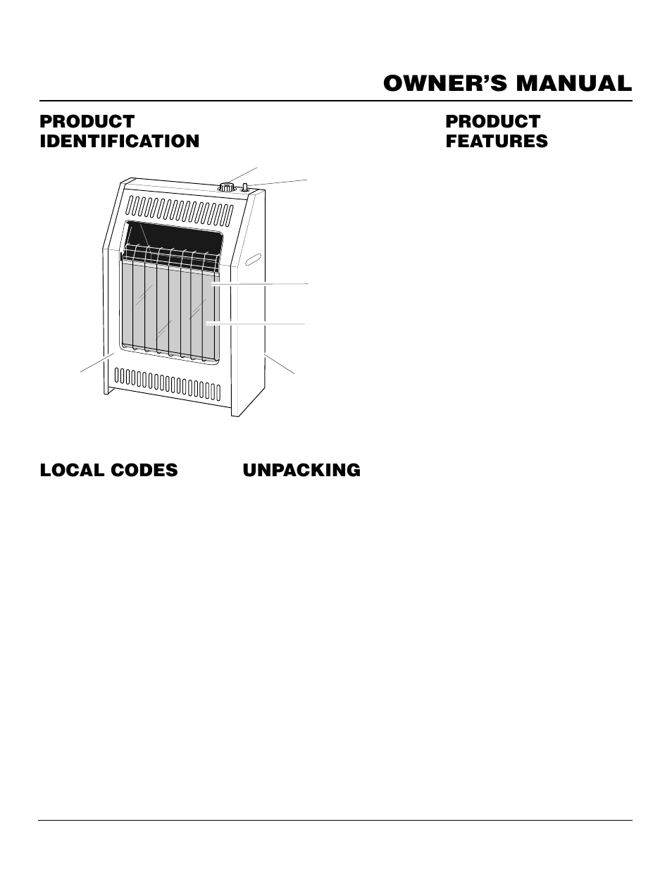 Owner’s manual, Product identification, Local codes | Unpacking, Product features | Desa CGS10N User Manual | Page 3 / 26