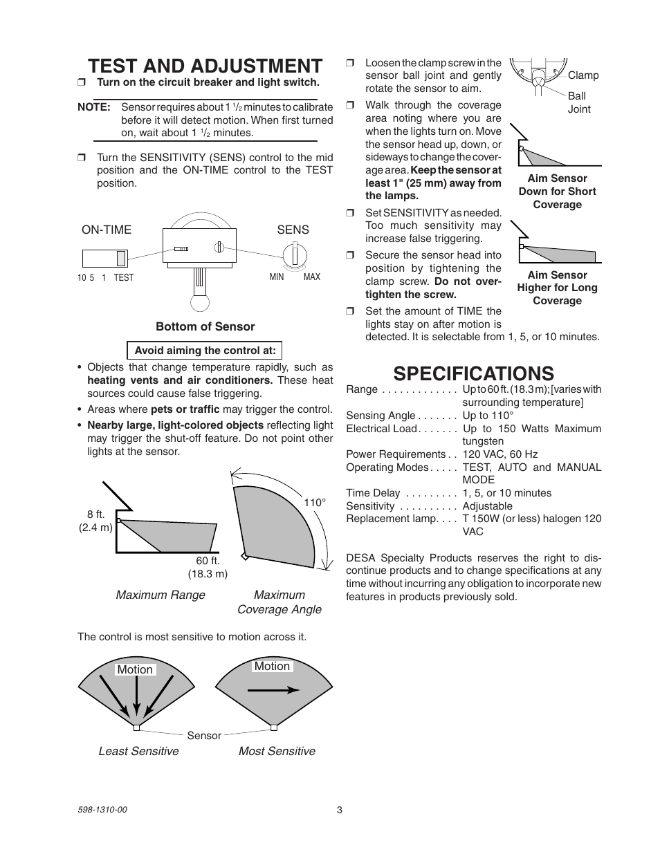 Specifications, Test and adjustment | Desa Compact 150 Watt Motion Sensing Halogen 5511 User Manual | Page 3 / 8