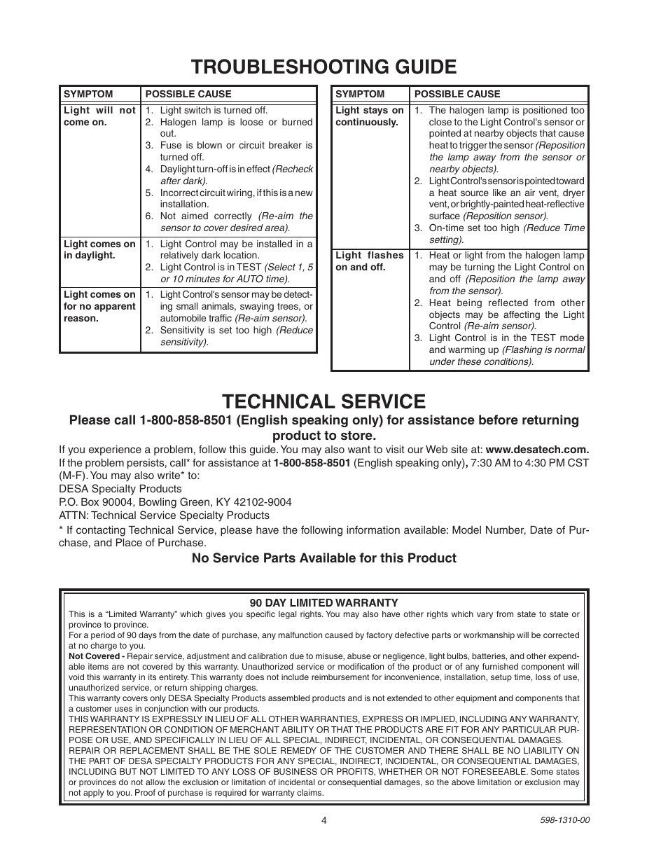 Troubleshooting guide, Technical service | Desa Compact 150 Watt Motion Sensing Halogen 5511 User Manual | Page 4 / 8