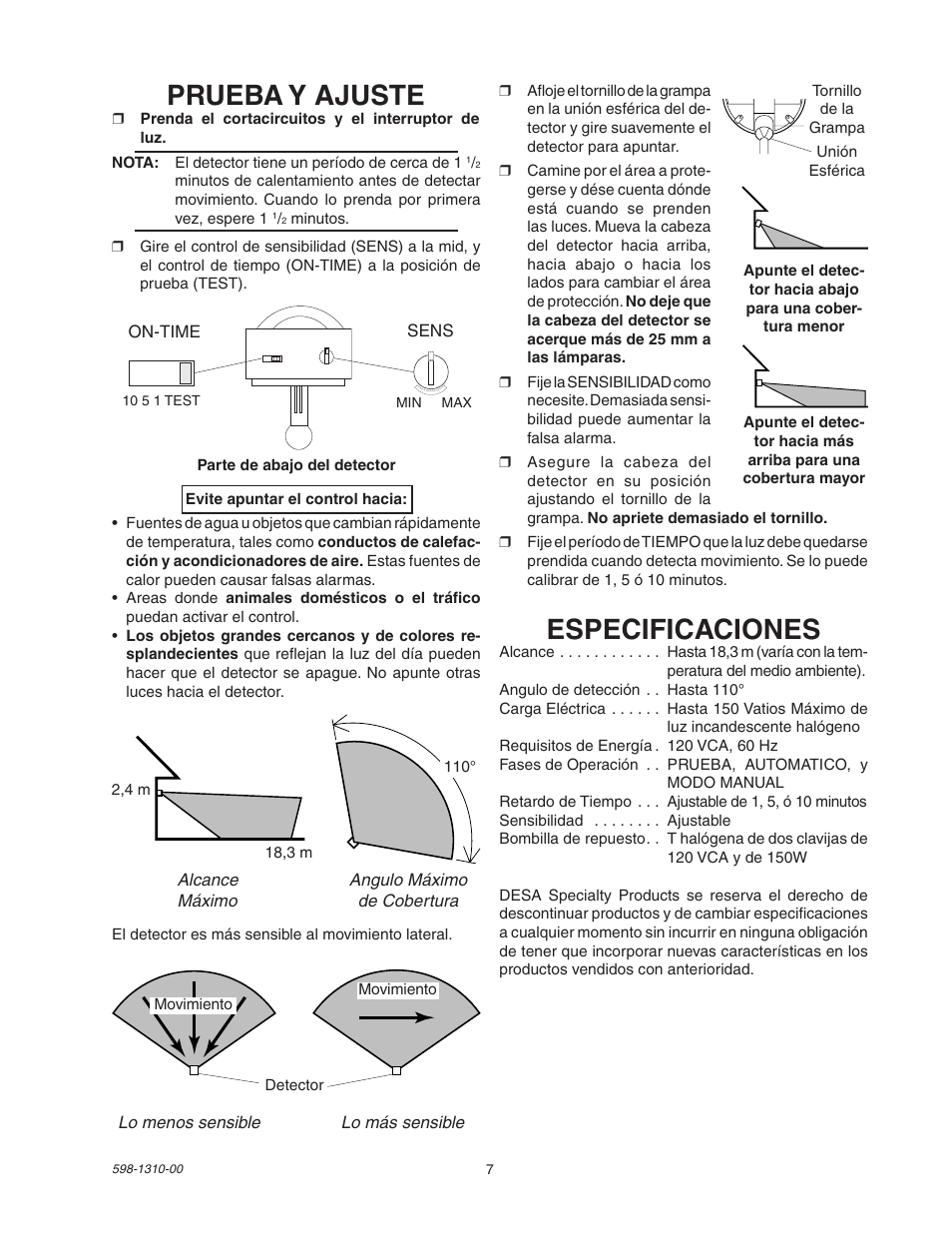 Especificaciones, Prueba y ajuste | Desa Compact 150 Watt Motion Sensing Halogen 5511 User Manual | Page 7 / 8