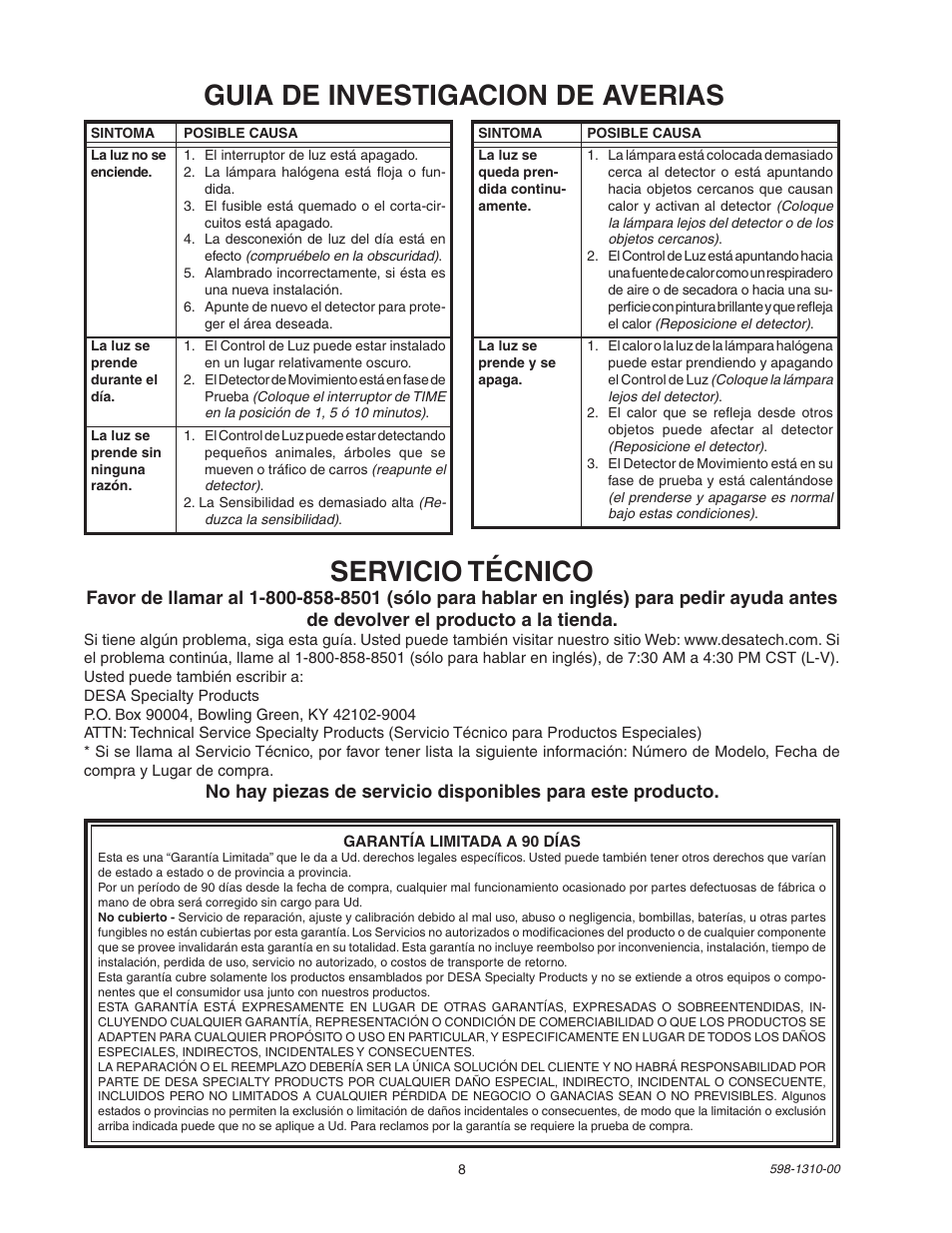 Guia de investigacion de averias, Servicio técnico | Desa Compact 150 Watt Motion Sensing Halogen 5511 User Manual | Page 8 / 8