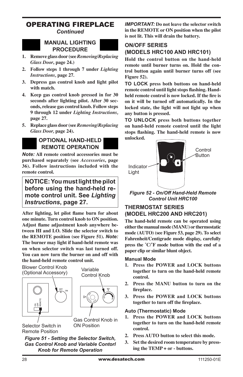 Operating fireplace, Continued manual lighting procedure, Optional hand-held remote operation | Desa (V)T36NA User Manual | Page 28 / 44