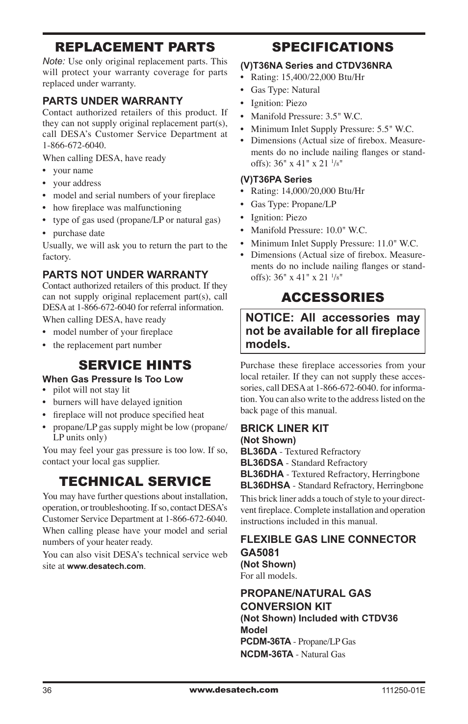 Replacement parts, Service hints, Technical service | Specifications, Accessories | Desa (V)T36NA User Manual | Page 36 / 44