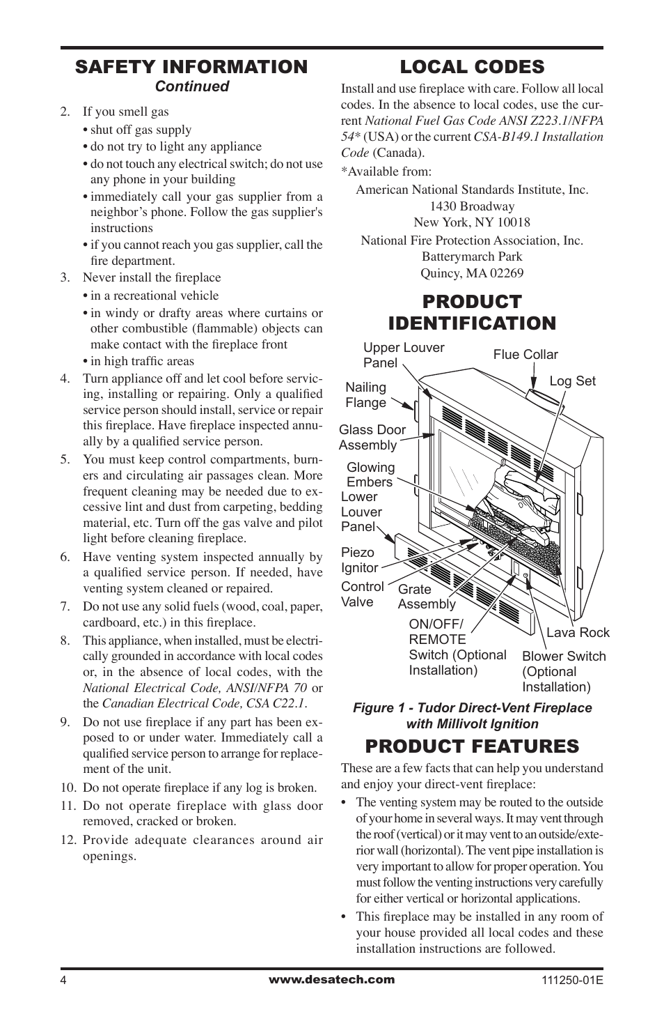 Local codes, Product identification, Product features | Safety information, Product identification product features | Desa (V)T36NA User Manual | Page 4 / 44