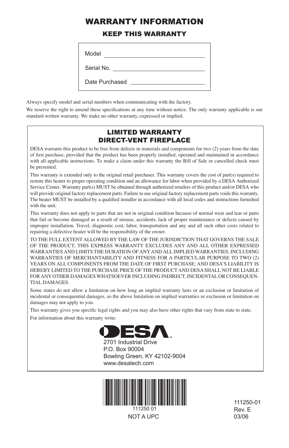 Warranty information, Keep this warranty, Limited warranty direct-vent fireplace | Desa (V)T36NA User Manual | Page 44 / 44