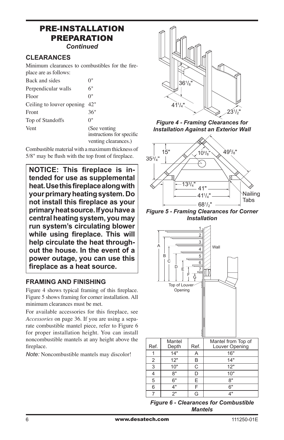 Pre-installation preparation, Continued, Clearances | Framing and finishing | Desa (V)T36NA User Manual | Page 6 / 44