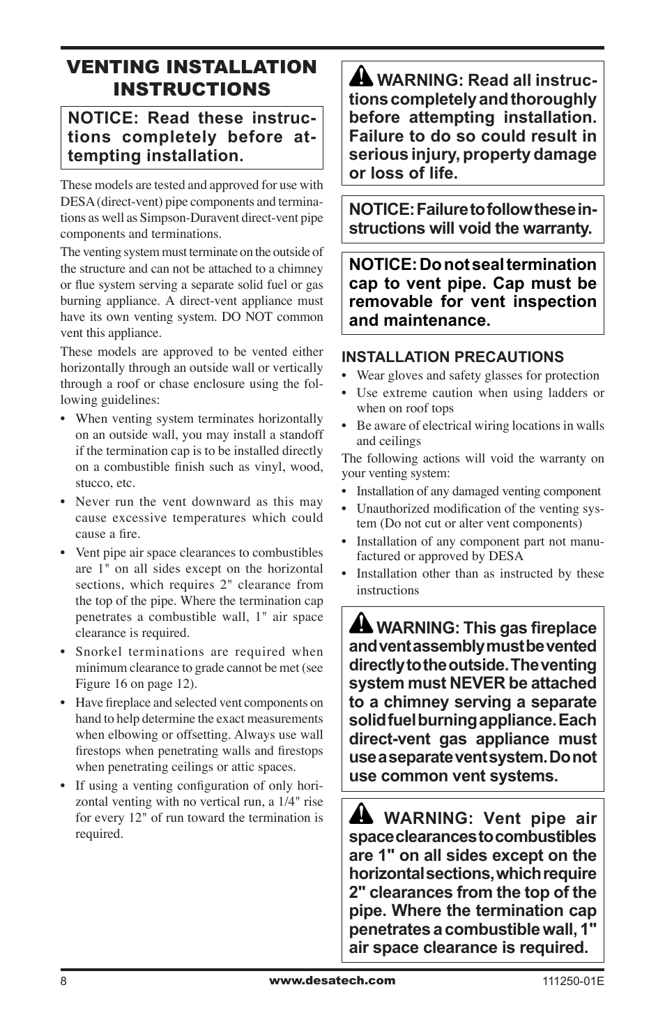 Venting installation instructions | Desa (V)T36NA User Manual | Page 8 / 44