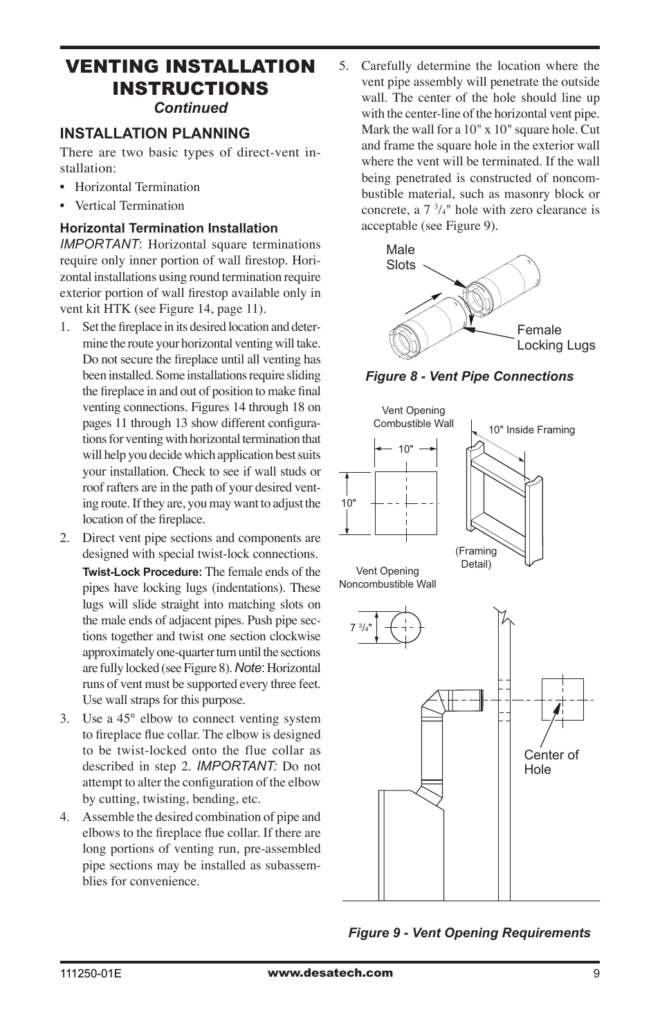 Venting installation instructions | Desa (V)T36NA User Manual | Page 9 / 44