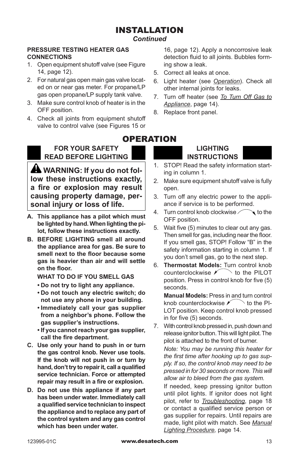 Operation, Installation | Desa WMN10 User Manual | Page 13 / 60