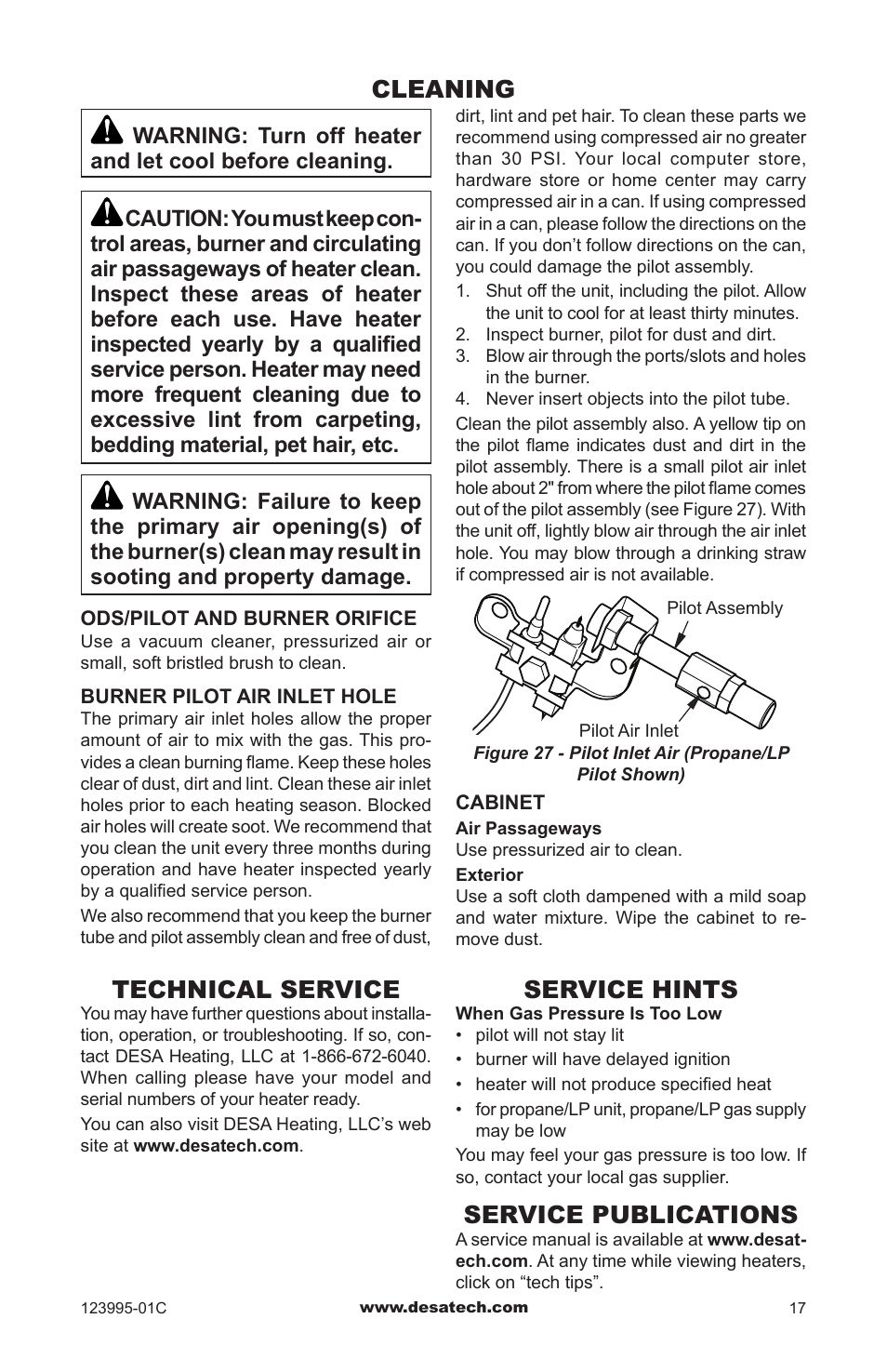 Cleaning, Technical service, Service hints | Service publications | Desa WMN10 User Manual | Page 17 / 60