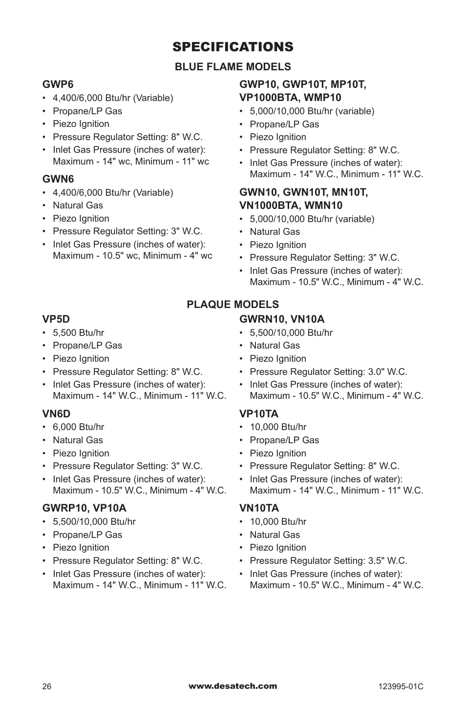 Specifications | Desa WMN10 User Manual | Page 26 / 60