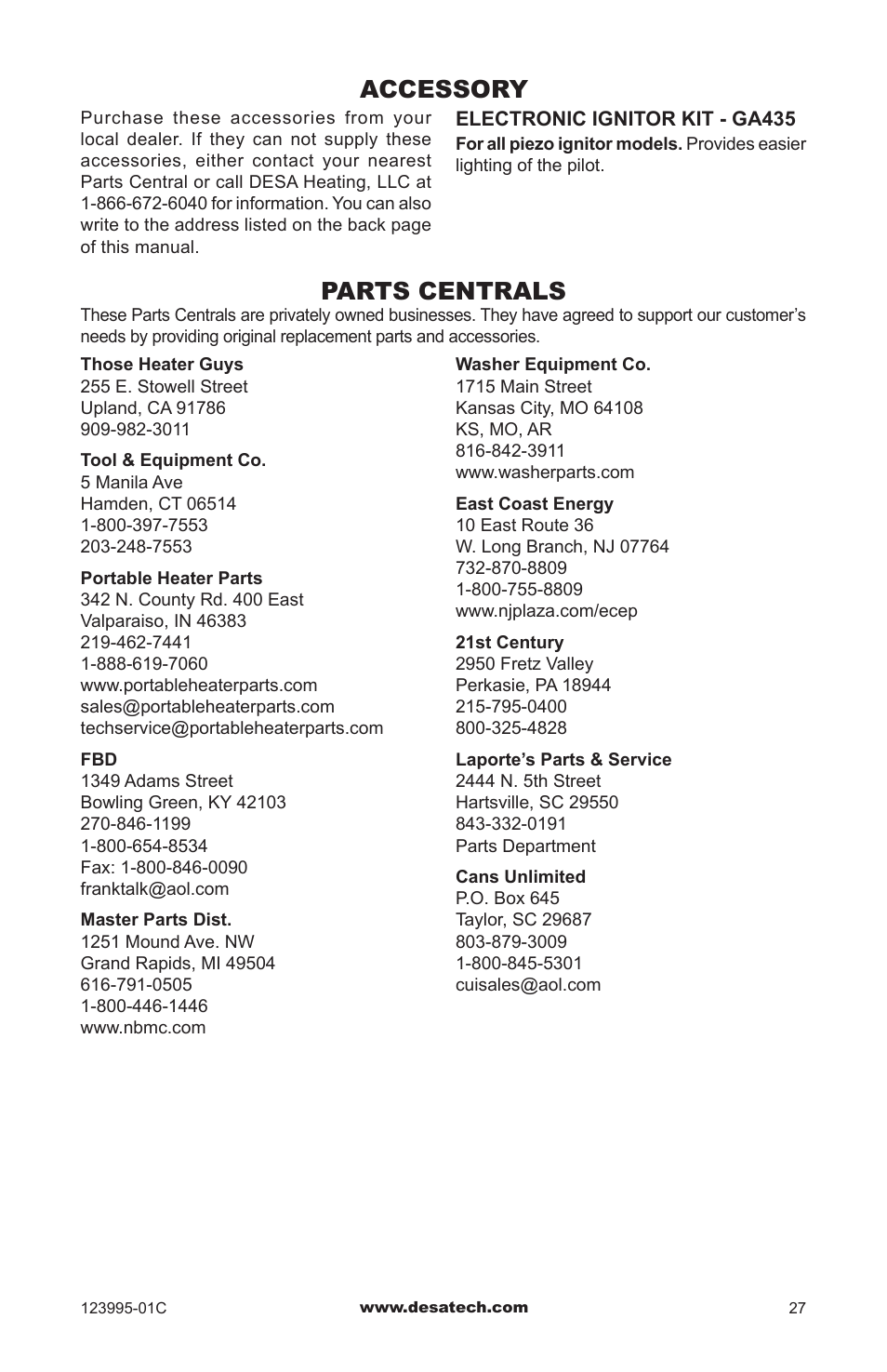 Accessory, Parts centrals | Desa WMN10 User Manual | Page 27 / 60