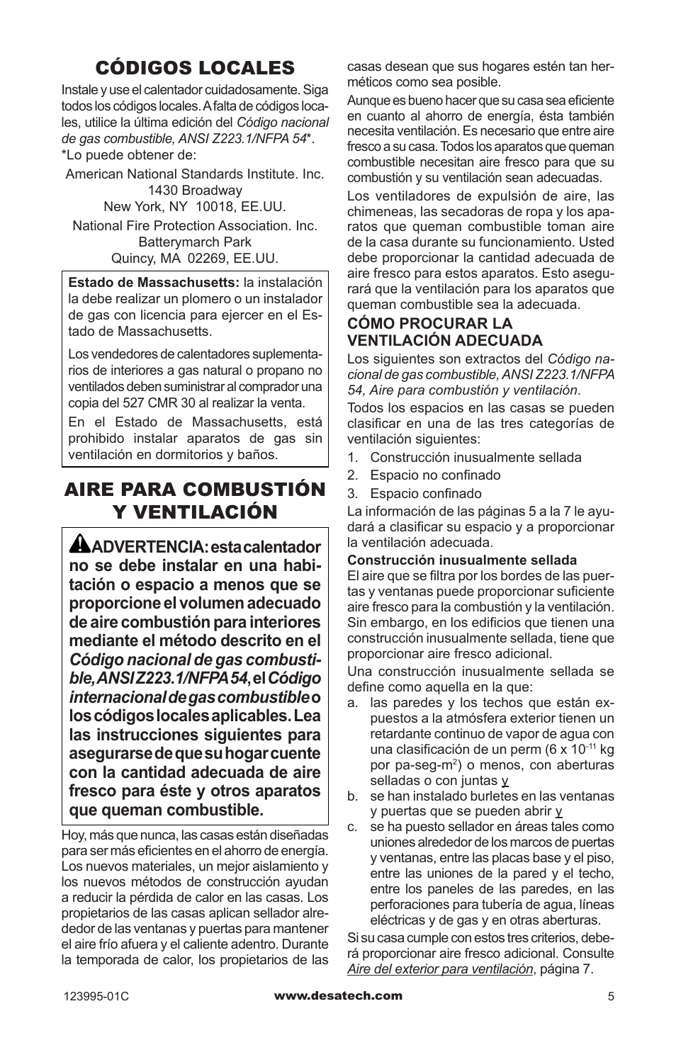 Códigos locales, Aire para combustión y ventilación | Desa WMN10 User Manual | Page 33 / 60