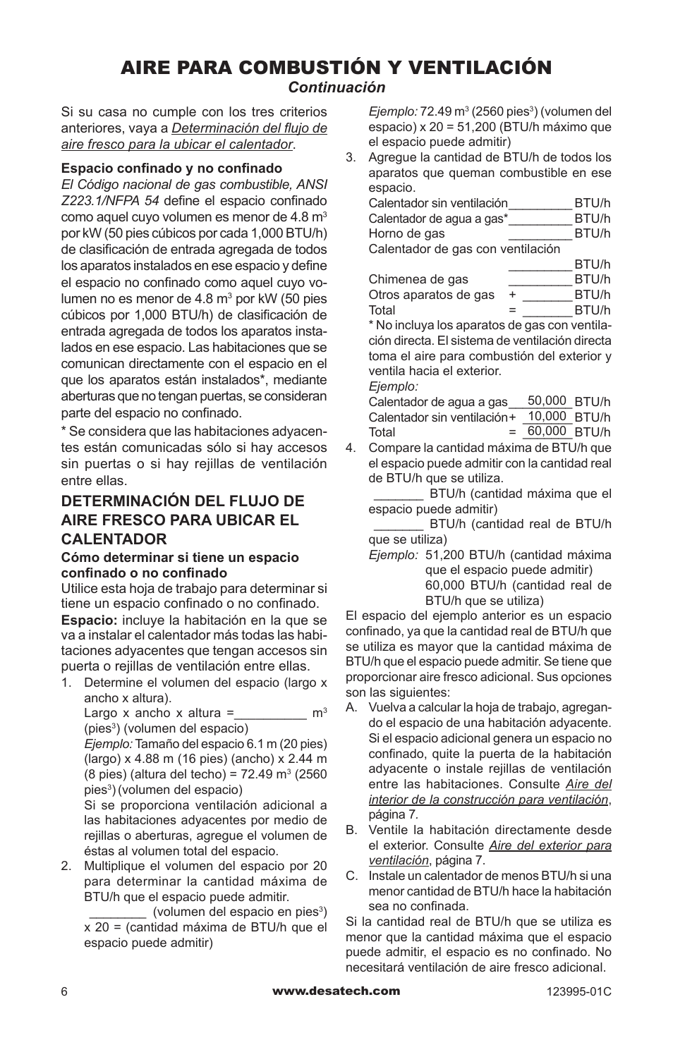 Aire para combustión y ventilación, Continuación | Desa WMN10 User Manual | Page 34 / 60