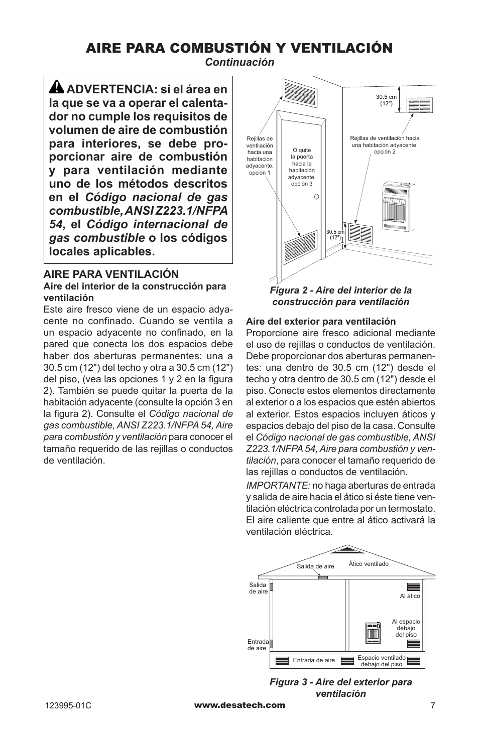 Aire para combustión y ventilación, Aire para ventilación, Continuación | Desa WMN10 User Manual | Page 35 / 60
