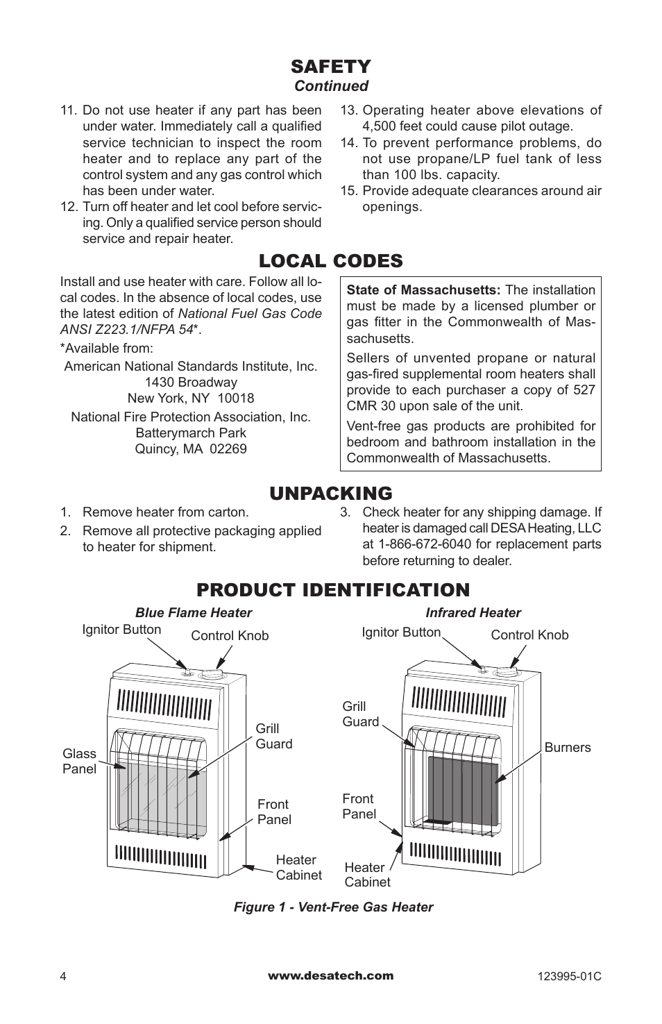 Local codes, Unpacking, Product identification | Safety | Desa WMN10 User Manual | Page 4 / 60