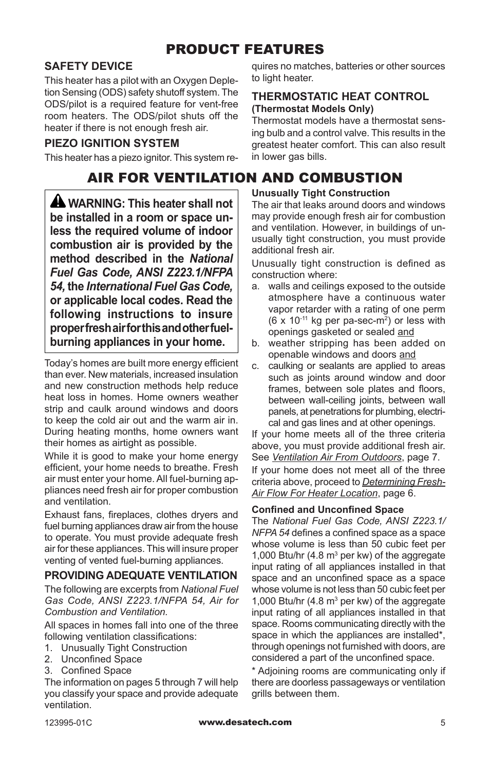 Product features, Air for ventilation and combustion | Desa WMN10 User Manual | Page 5 / 60