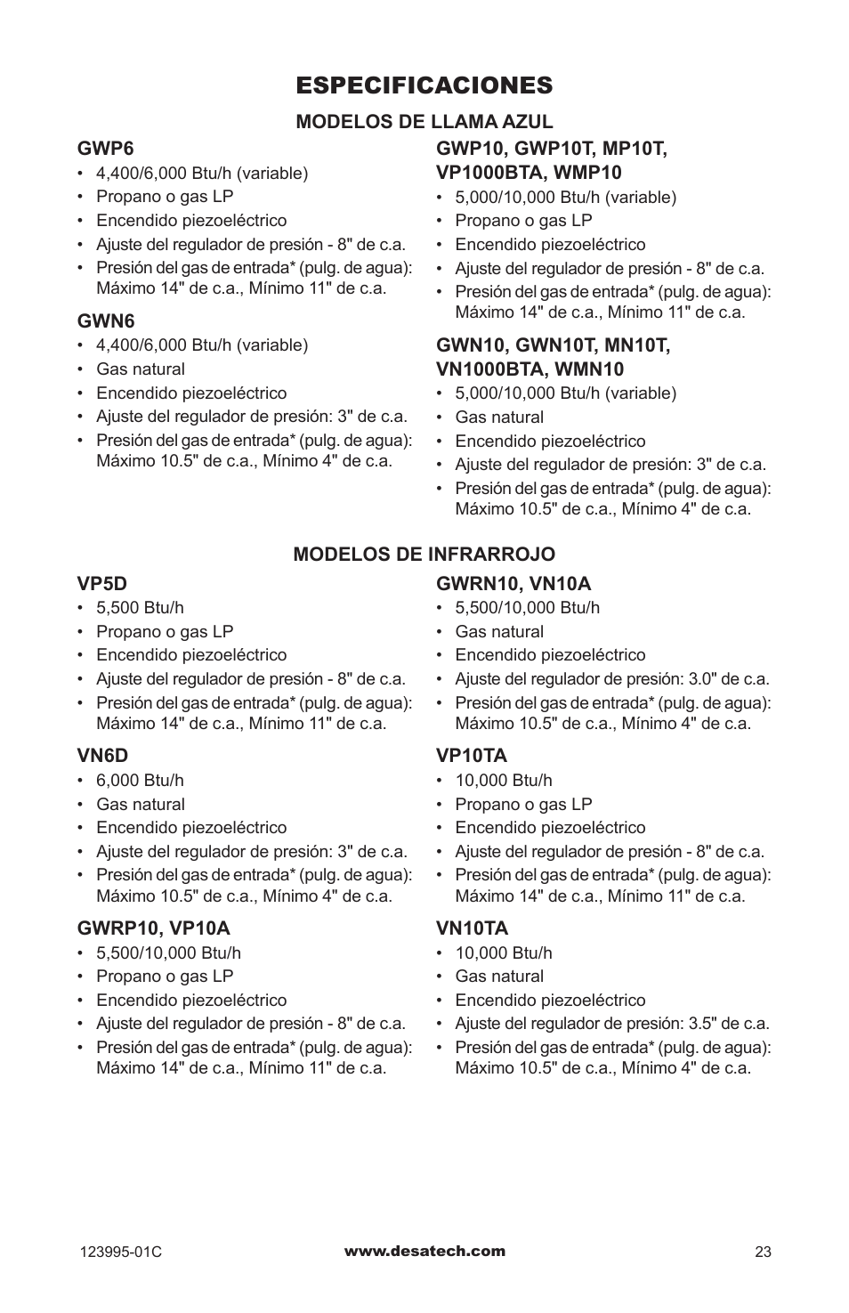 Especificaciones | Desa WMN10 User Manual | Page 51 / 60