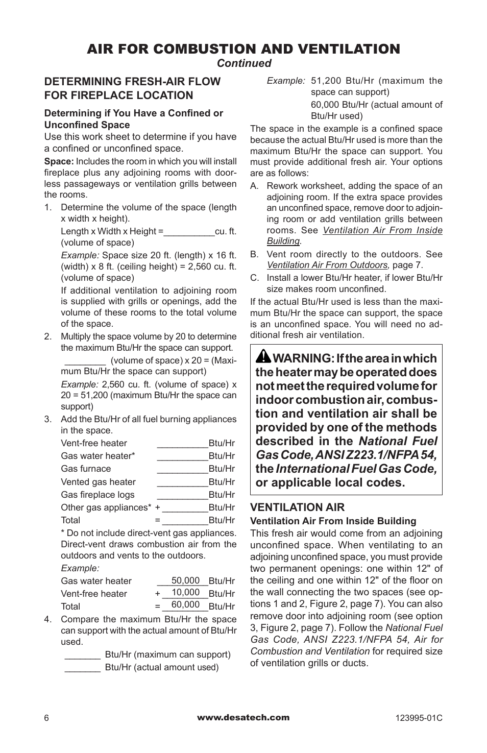 Air for combustion and ventilation | Desa WMN10 User Manual | Page 6 / 60