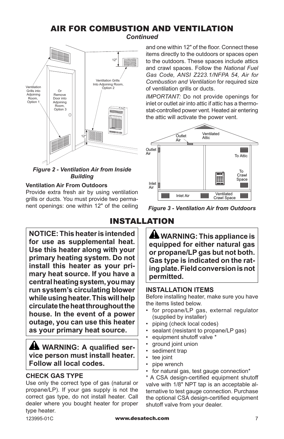 Installation, Air for combustion and ventilation | Desa WMN10 User Manual | Page 7 / 60