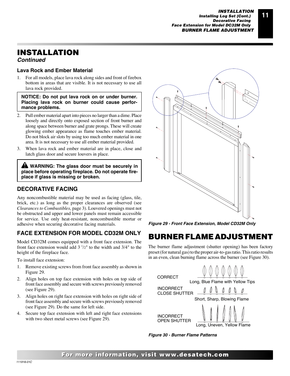 Installation, Burner flame adjustment, Continued | Desa CD32M (-1)(-2) User Manual | Page 11 / 22