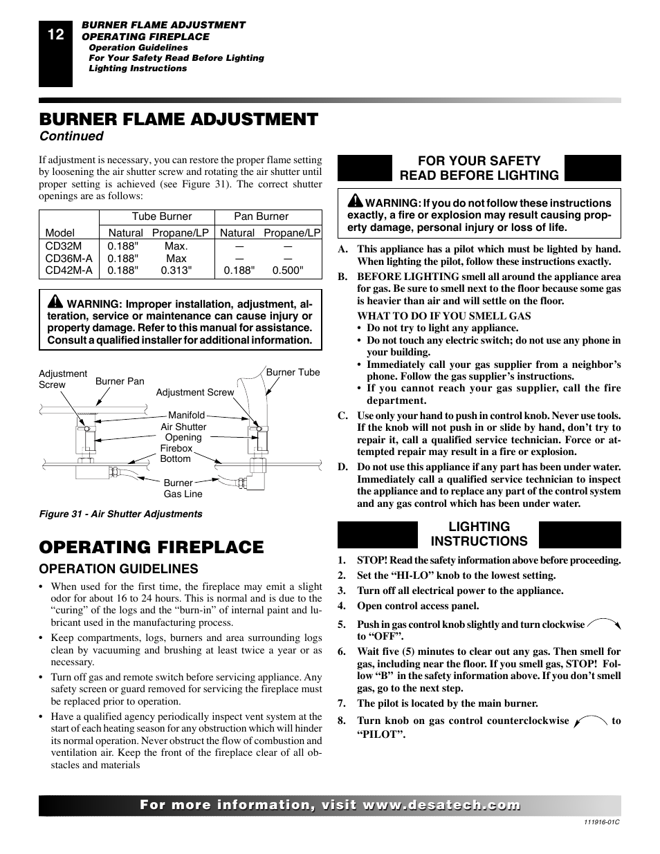 Operating fireplace, Burner flame adjustment, Continued | Desa CD32M (-1)(-2) User Manual | Page 12 / 22