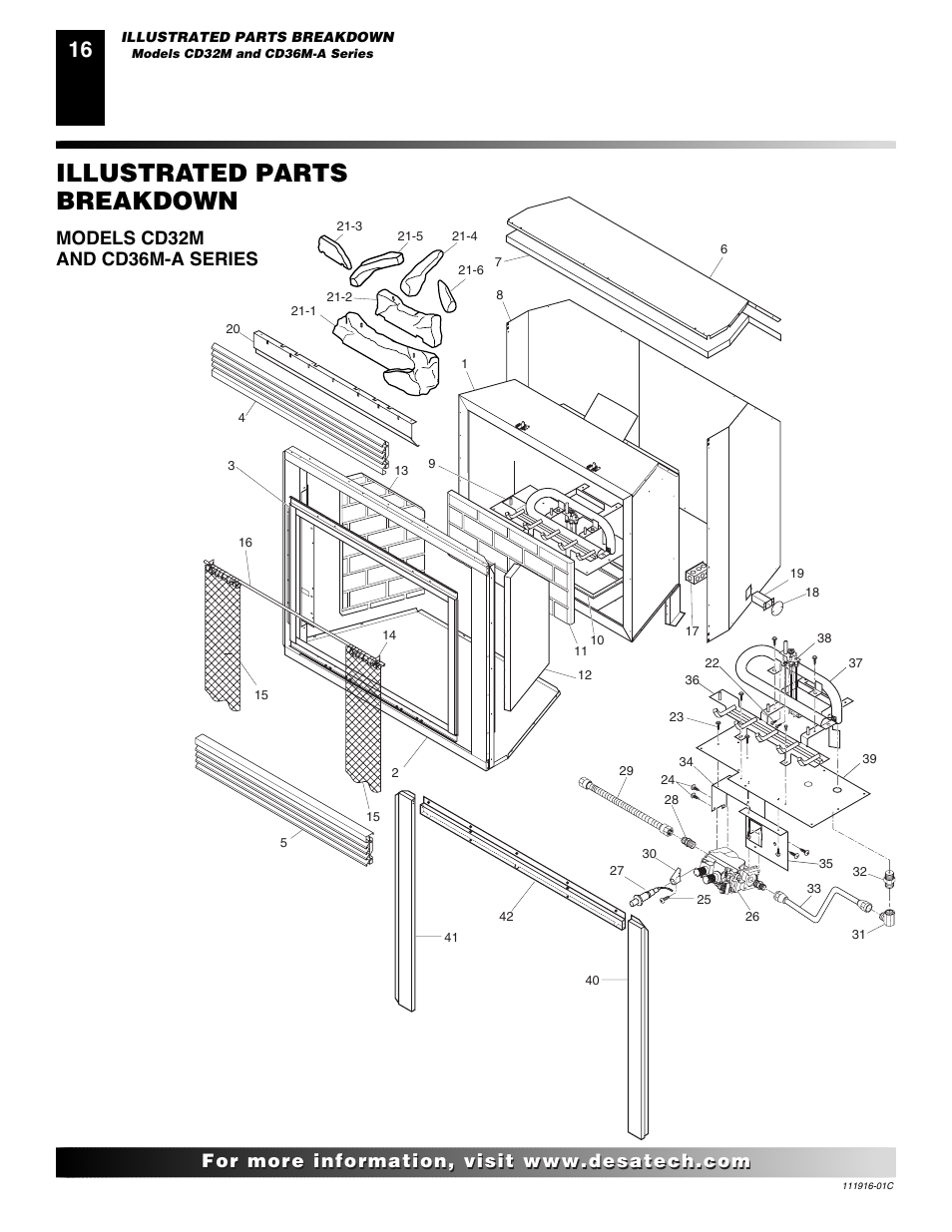 Illustrated parts breakdown, Models cd32m and cd36m-a series | Desa CD32M (-1)(-2) User Manual | Page 16 / 22